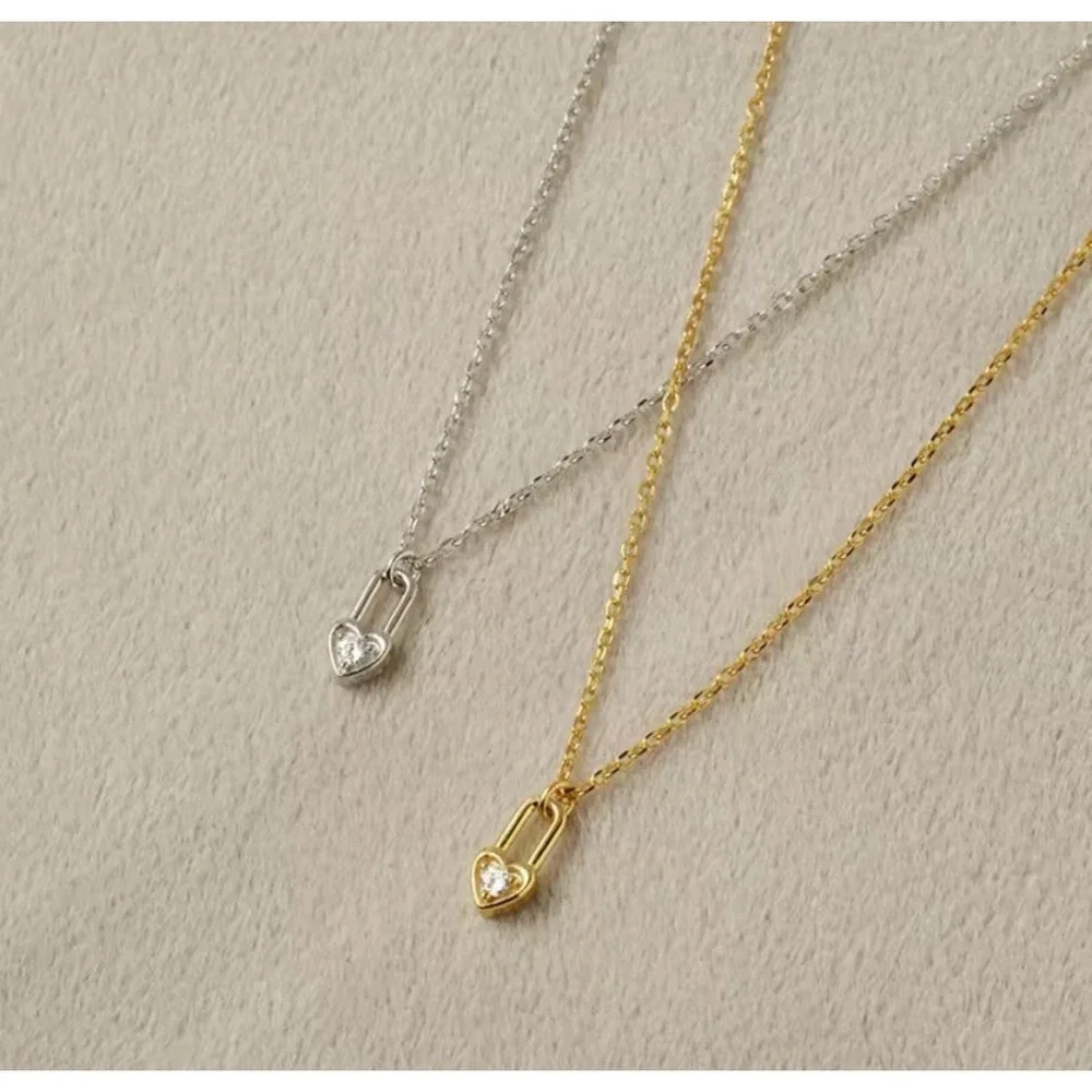 NEW White Gold Filled‎ Heart Lock Diamond Simulate Pendant Necklace